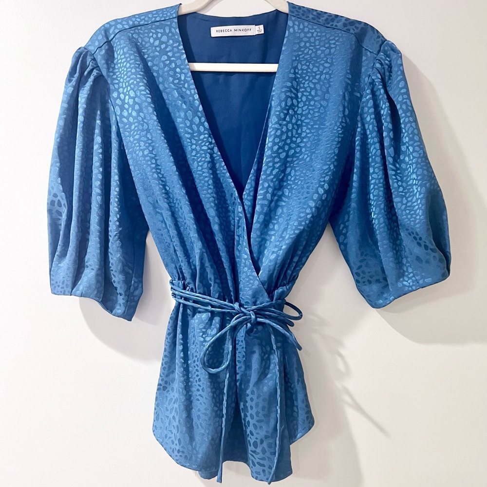 Rebecca Minkoff Teal Cadet Blue Satin Jaquard Wrap Blouse Size XS